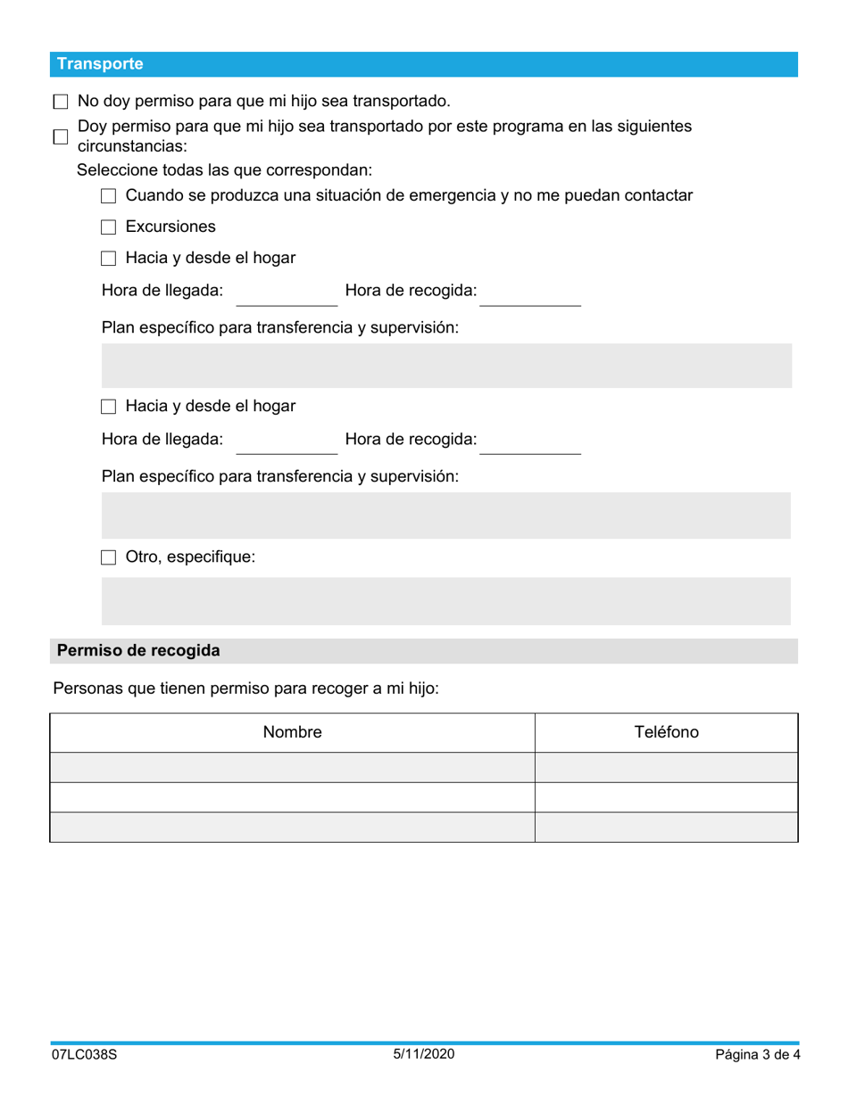Formulario 07LC038S (OCC-38-SV) Informacion Del Nino - Oklahoma (Spanish), Page 3