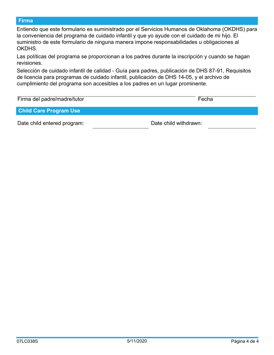 Formulario 07LC038S (OCC-38-SV) Informacion Del Nino - Oklahoma (Spanish), Page 4