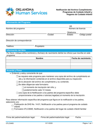 Document preview: Formulario 07LC046S Notificacion Del Archivo Cumplimiento: Programas De Cuidado Infantil Y Hogares De Cuidado Infantil - Oklahoma (Spanish)