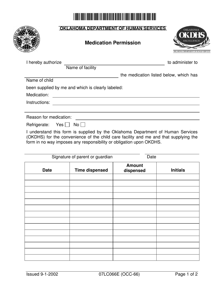 Form 07LC066E (OCC-66) Medication Permission - Oklahoma, Page 1