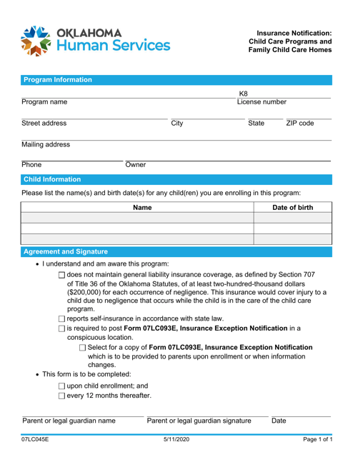 Form 07LC045E Insurance Notification: Child Care Programs and Family Child Care Homes - Oklahoma