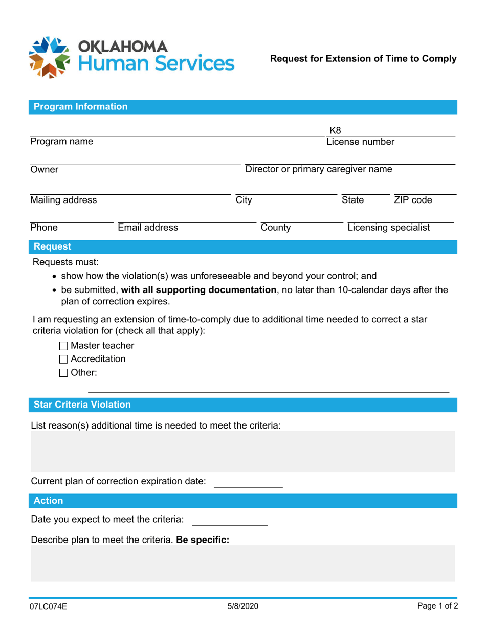 Form 07LC074E (OCC-74) Request for Extension of Time to Comply - Oklahoma, Page 1