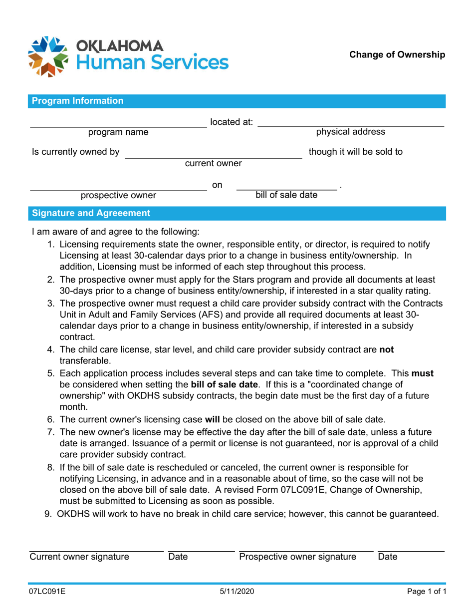 Form 07LC091E Change of Ownership - Oklahoma, Page 1