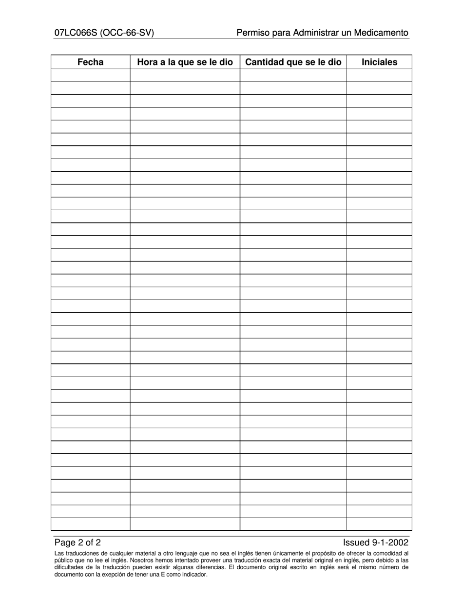 Formulario 07LC066S (OCC-66-SV) Permiso Para Administrar Un Medicamento - Oklahoma (Spanish), Page 2