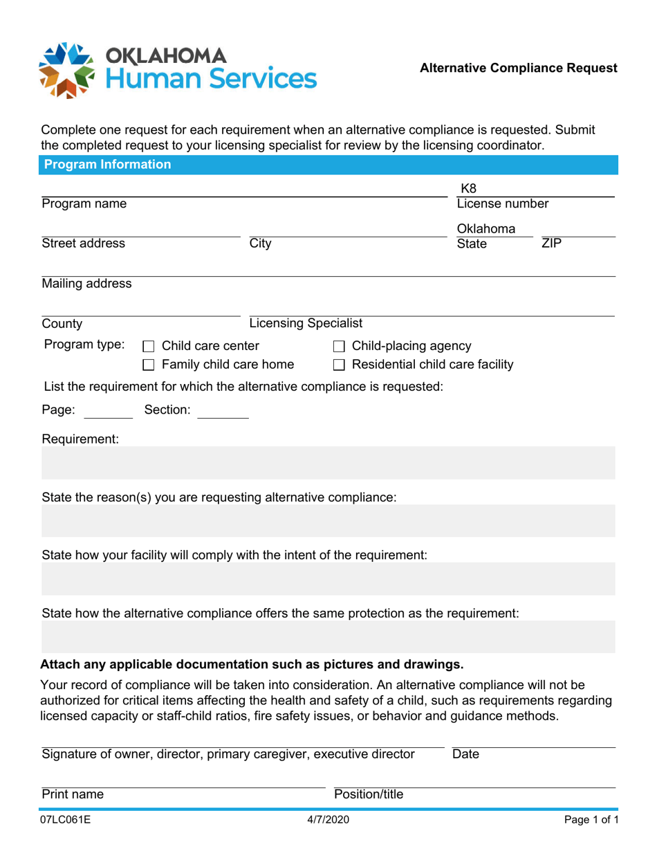 Form 07LC061E (OCC-61) Alternative Compliance Request - Oklahoma, Page 1