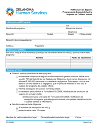 Document preview: Formulario 07LC045S Notificacion De Seguro: Programas De Cuidado Infantil Y Hogares De Cuidado Infantil - Oklahoma (Spanish)