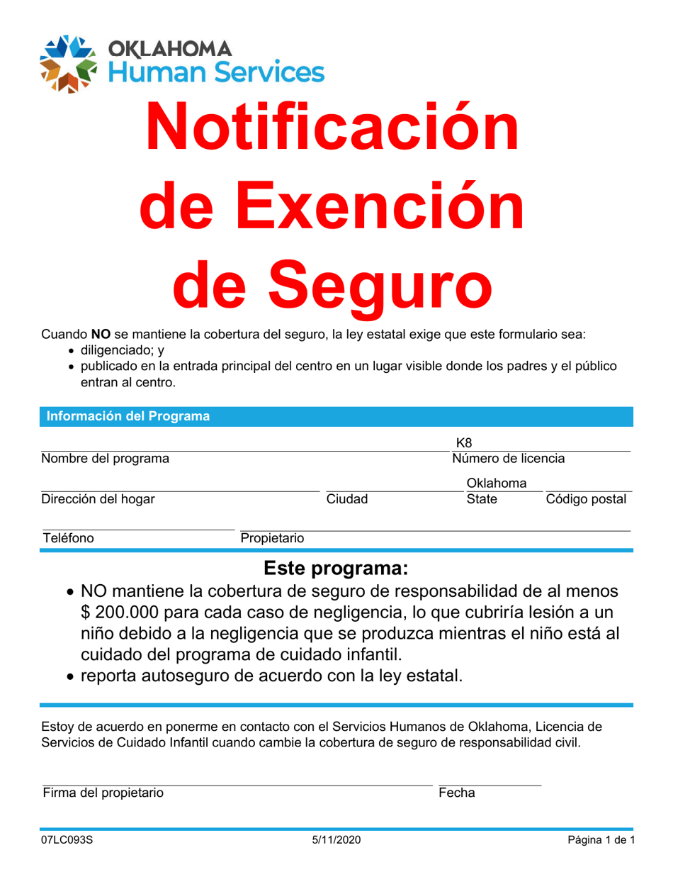 Formulario 07LC093S Notificacion De Exencion De Seguro - Oklahoma (Spanish), Page 1