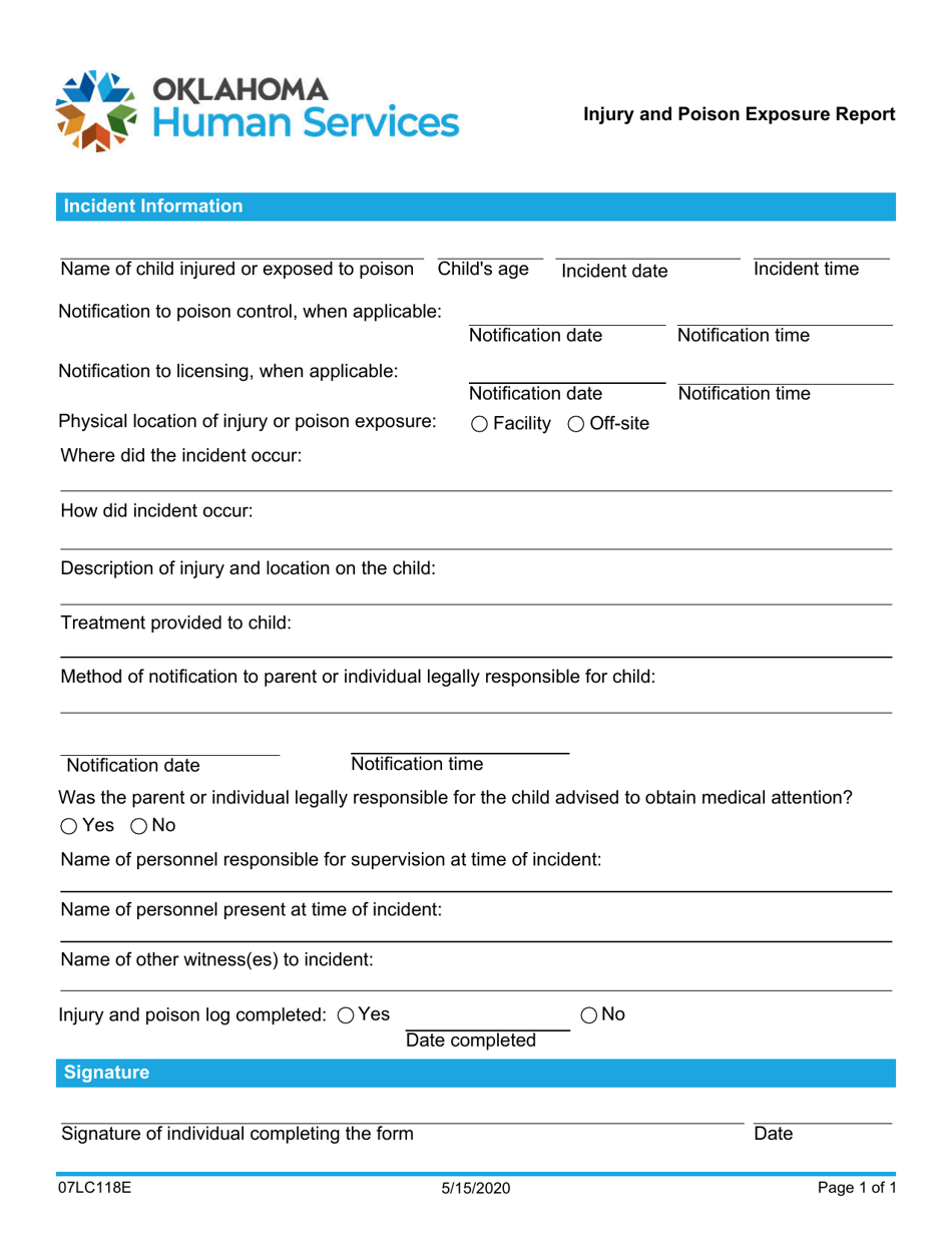 Form 07LC118E Injury and Poison Exposure Report - Oklahoma, Page 1