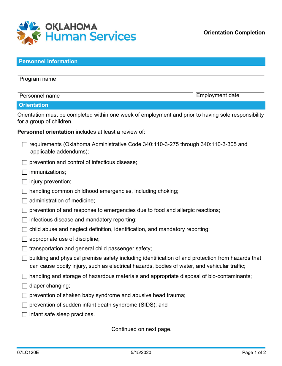 Form 07LC120E Orientation Completion - Oklahoma, Page 1