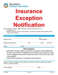 Document preview: Form 07LC093E Insurance Exception Notification - Oklahoma