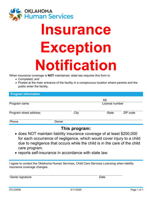 Form 07LC093E Insurance Exception Notification - Oklahoma