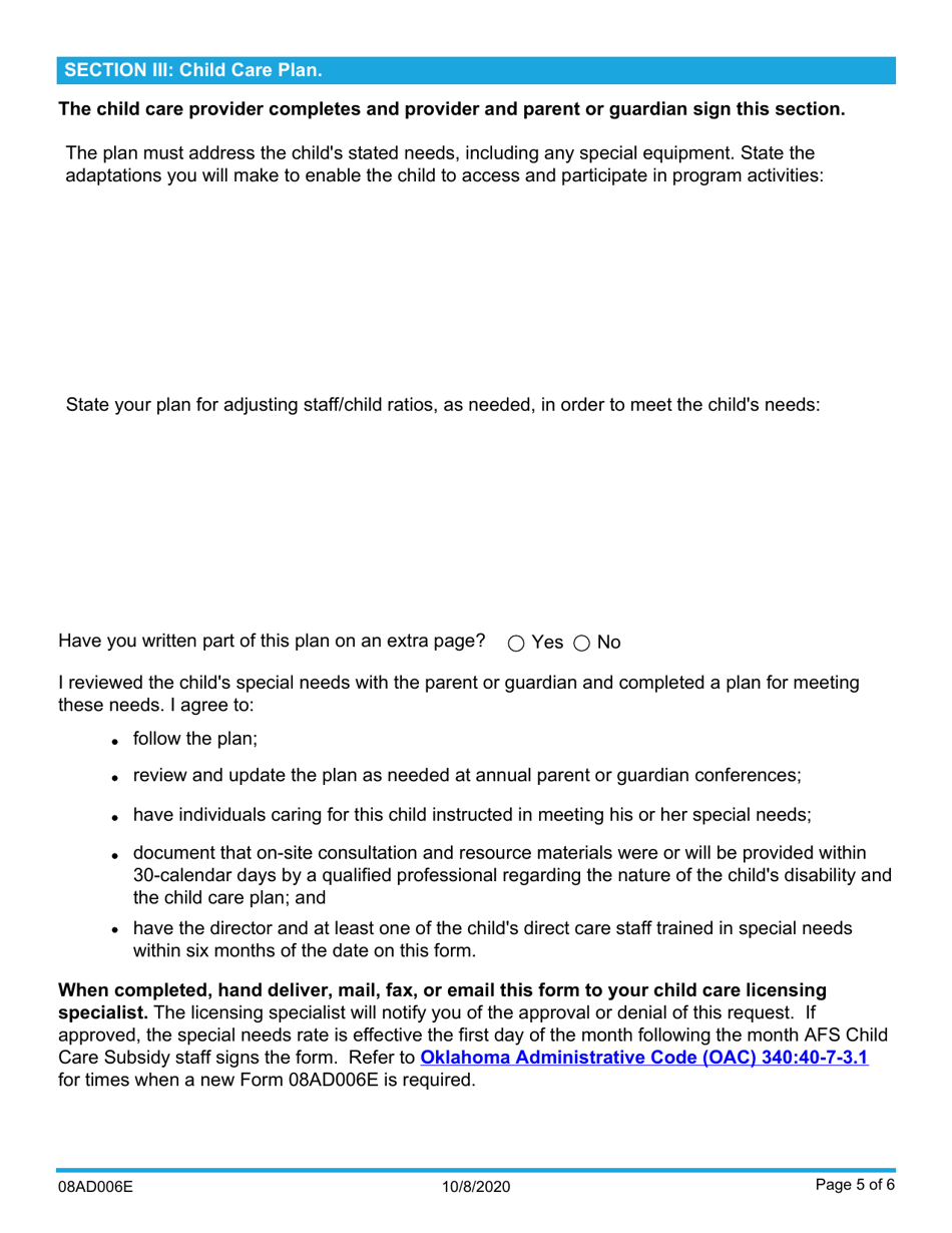 Form 08AD006E (ADM-123) Certification for Special Needs Rate for Licensed Child Care Homes and Centers - Oklahoma, Page 5