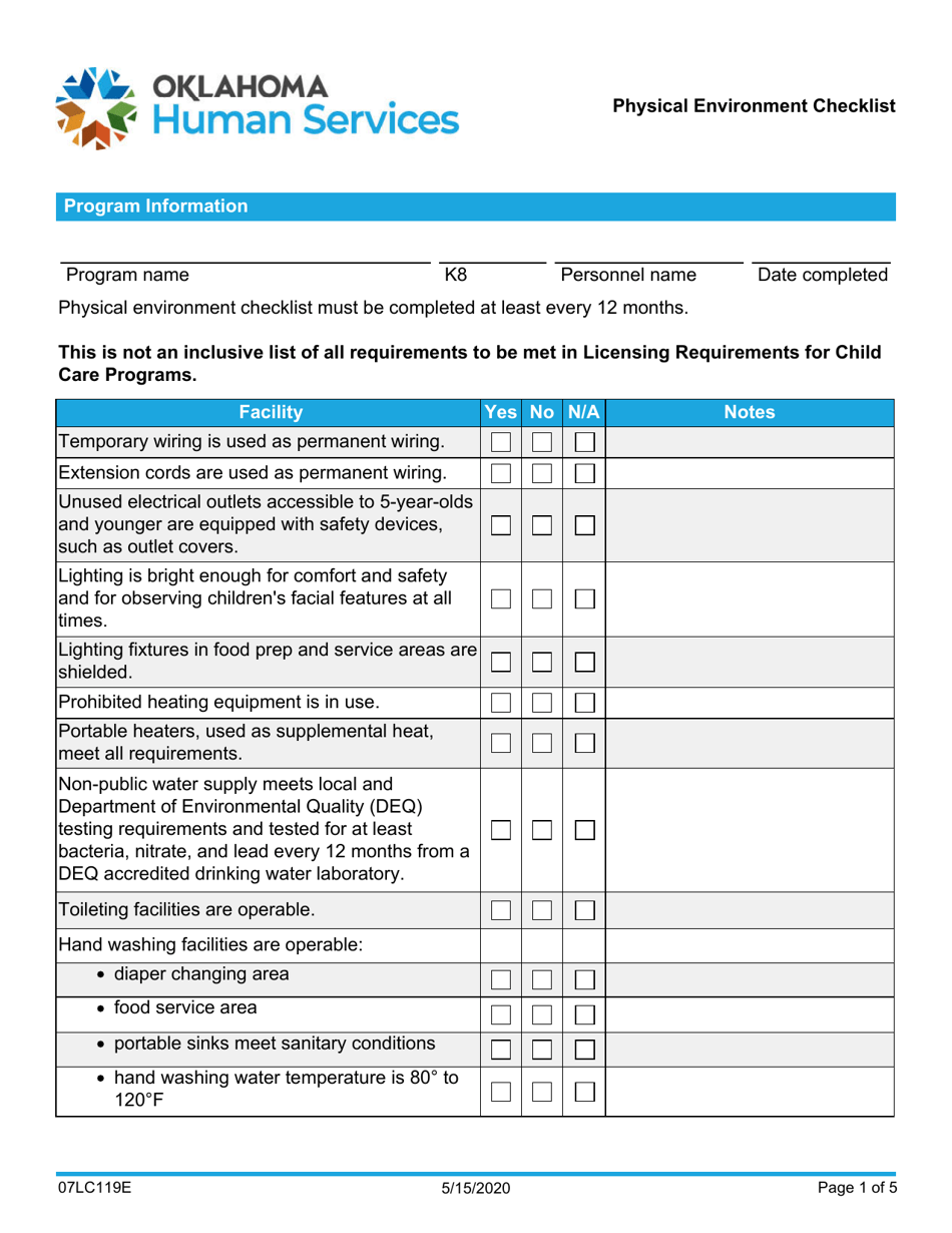 Form 07LC119E Physical Environment Checklist - Oklahoma, Page 1