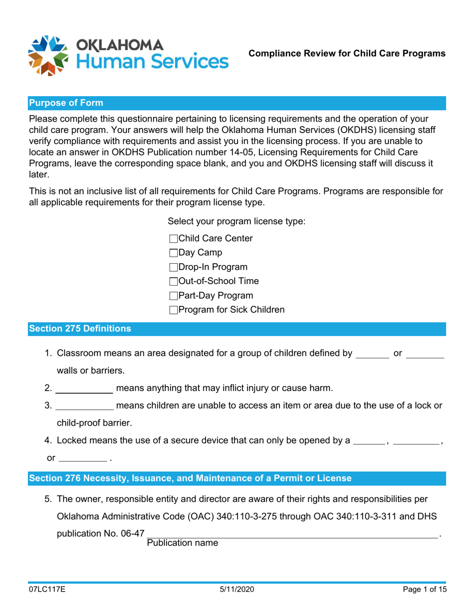 Form 07LC117E Compliance Review for Child Care Programs - Oklahoma, Page 1