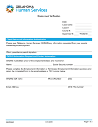 Document preview: Form 08AD094E (ADM-94) Employment Verification - Oklahoma