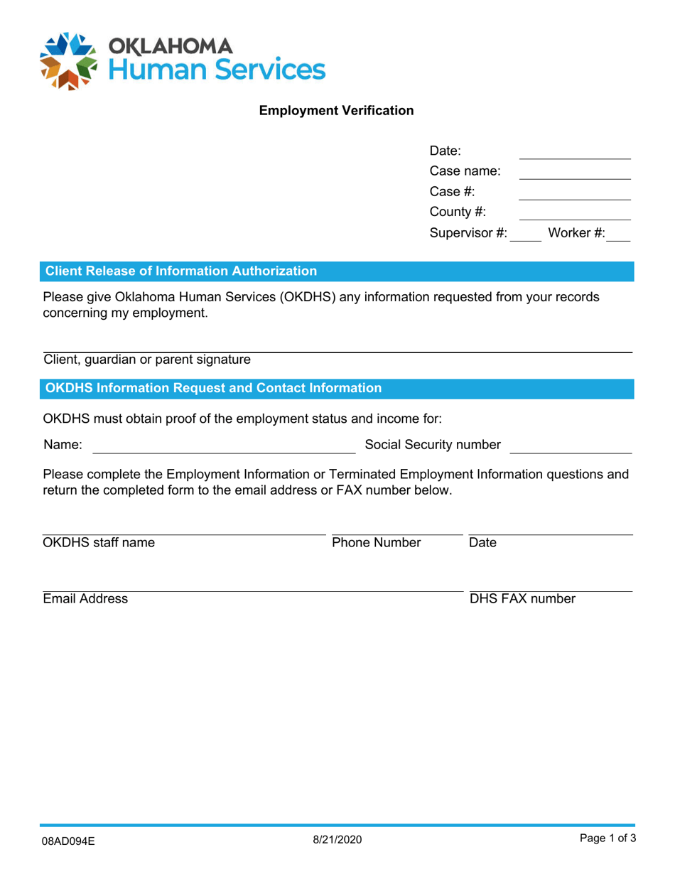 Form 08AD094E (ADM-94) Employment Verification - Oklahoma, Page 1