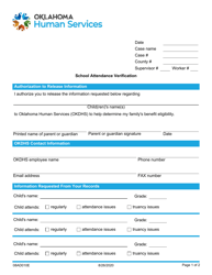 Document preview: Form 08AD010E School Attendance Verification - Oklahoma