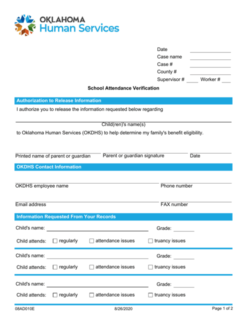 Form 08AD010E School Attendance Verification - Oklahoma
