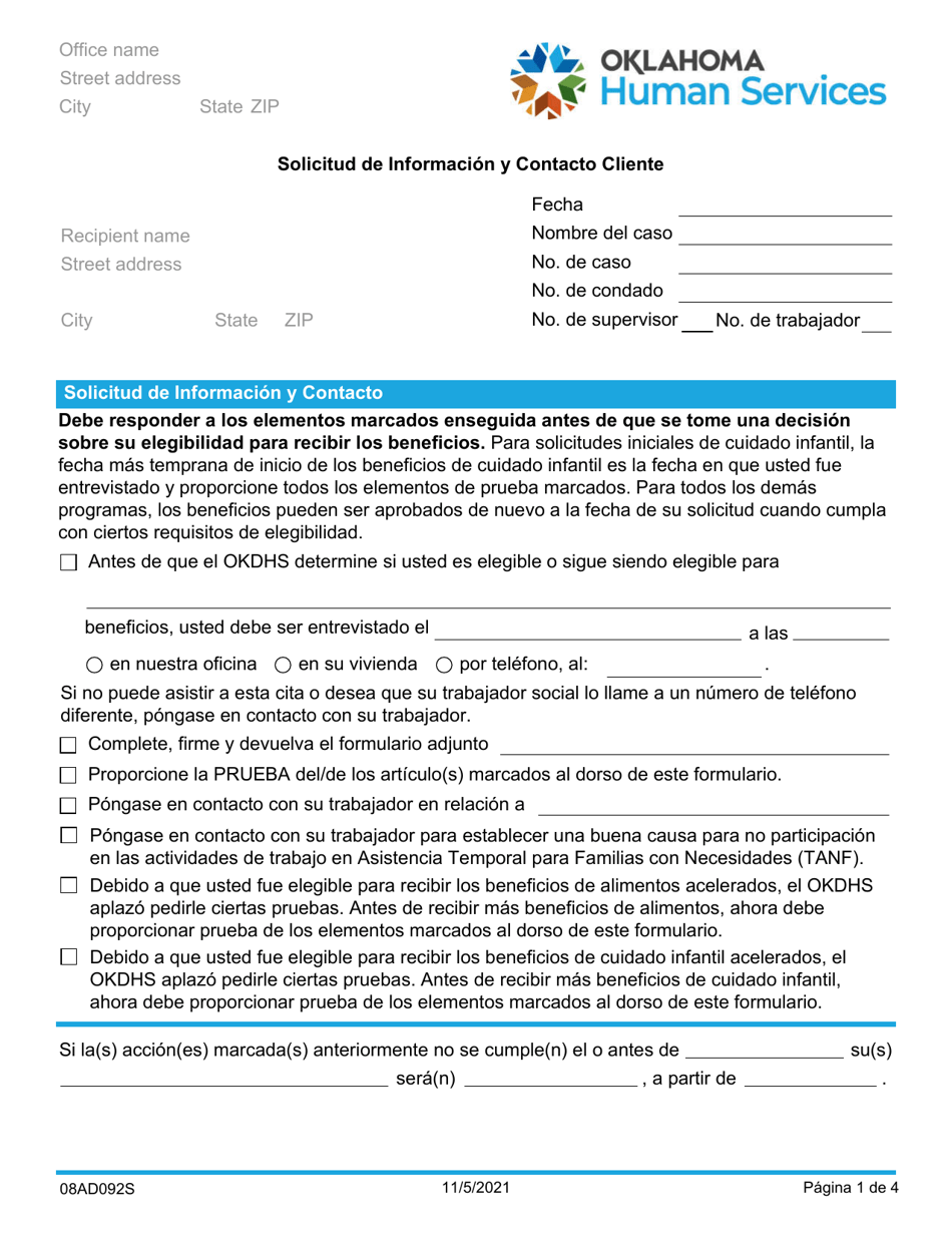 Form 08AD092S (ADM-92-SV) Solicitud De Informacion Y Contacto Cliente - Oklahoma, Page 1