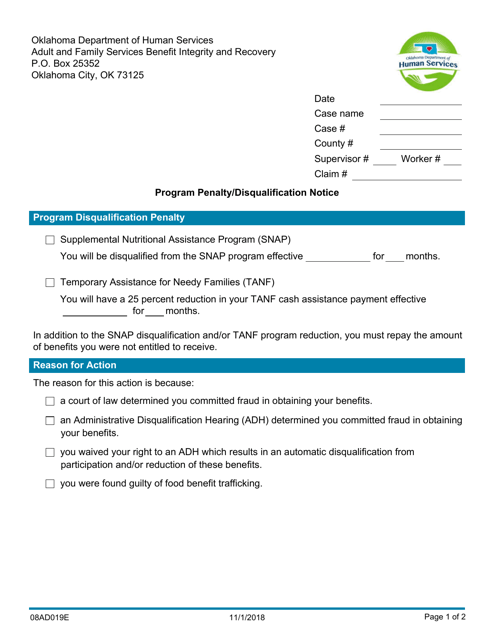 Form 08AD019E Program Penalty/Disqualification Notice - Oklahoma