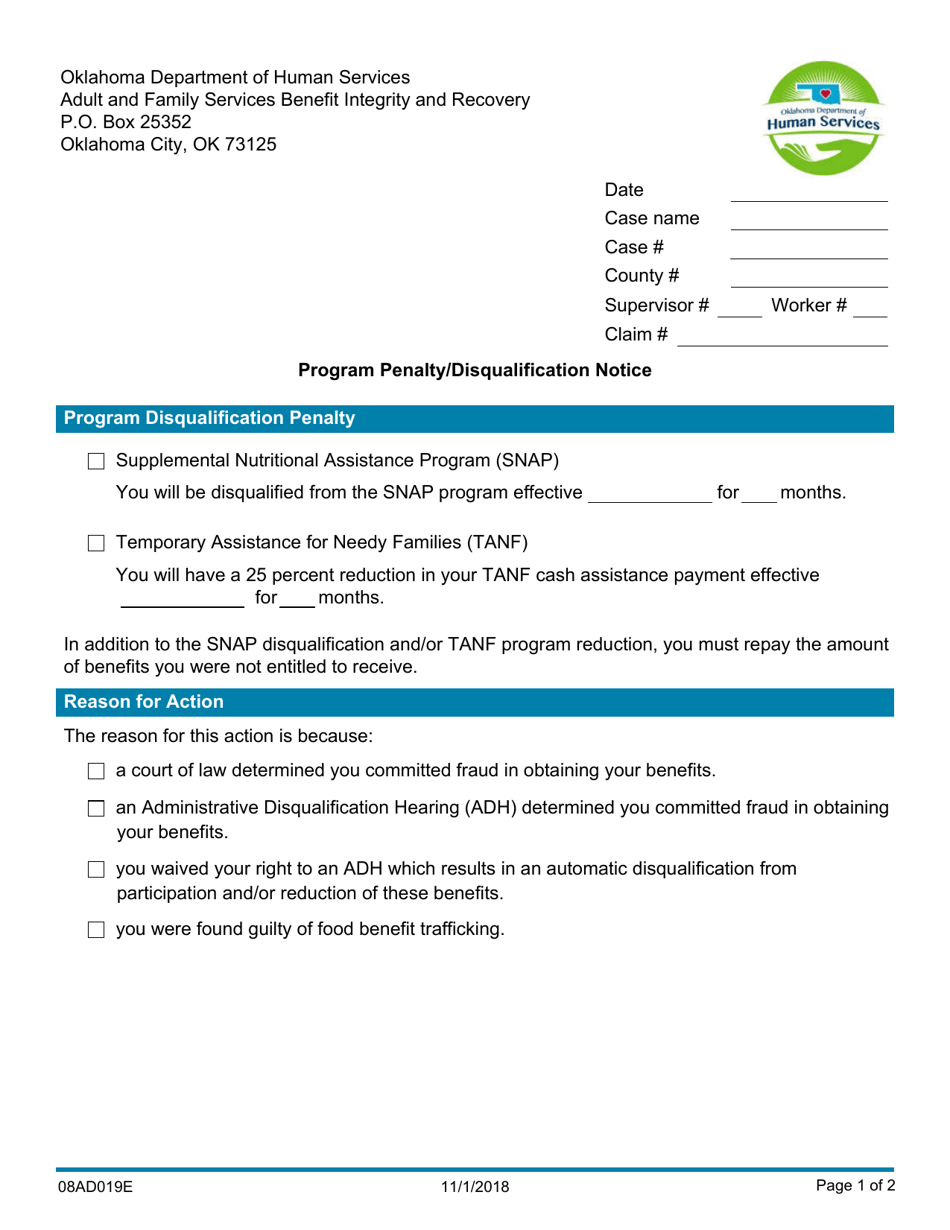 Form 08AD019E Program Penalty / Disqualification Notice - Oklahoma, Page 1