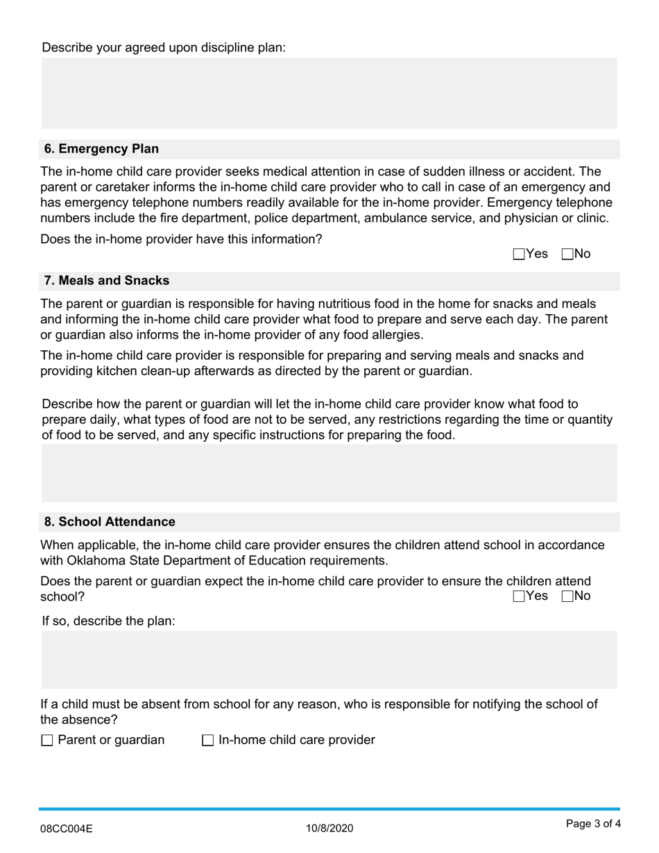 Form 08CC004E In-home Mutual Agreement Regarding the Child Care Plan - Oklahoma, Page 3