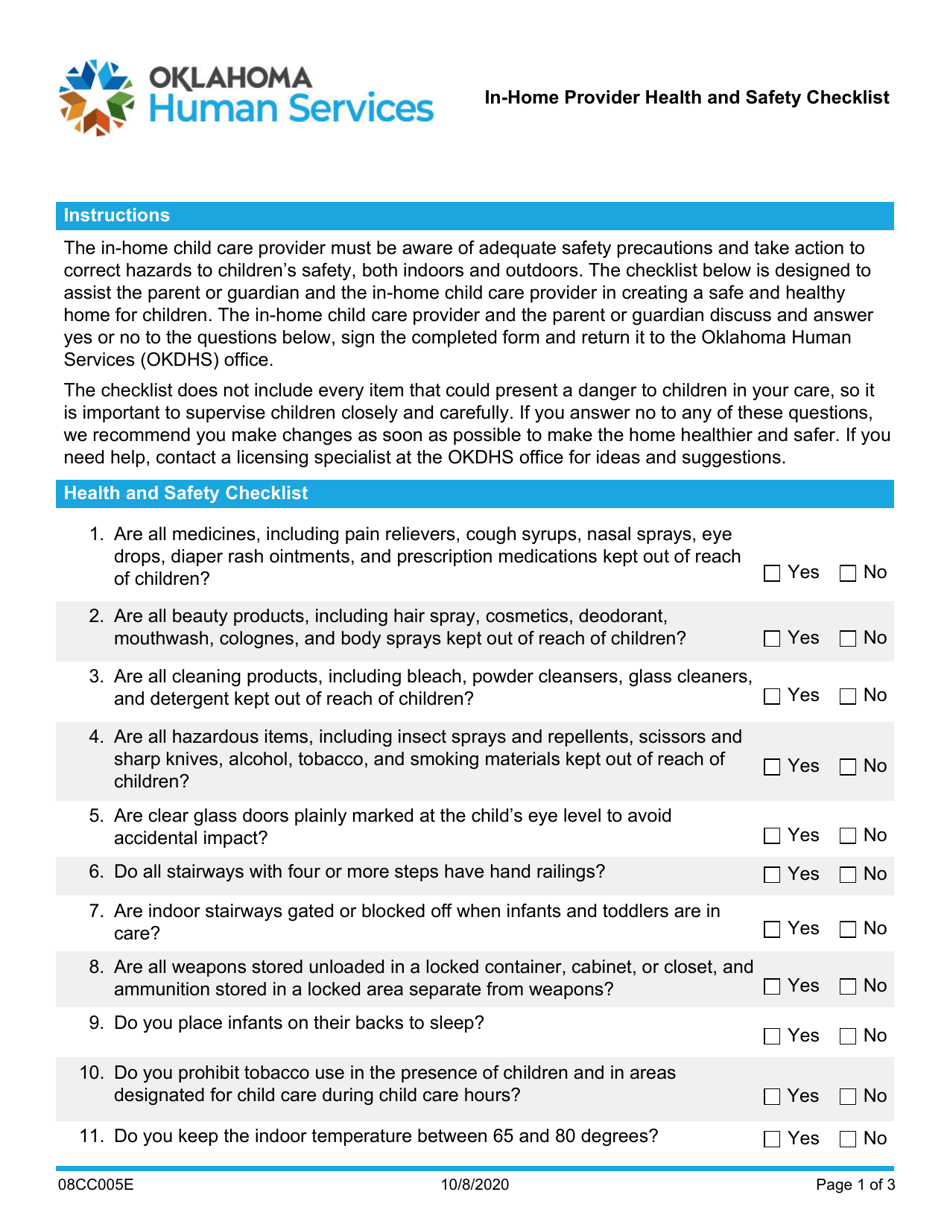 Form 08CC005E In-home Provider Health and Safety Checklist - Oklahoma, Page 1