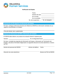 Formulario 08AD094S (ADM-94-SV) Verificacion De Empleo - Oklahoma (Spanish)
