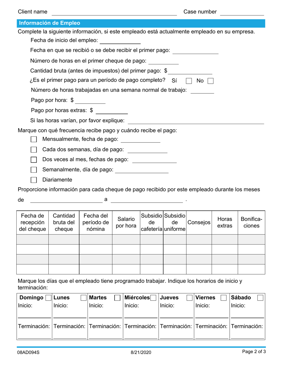 Formulario 08AD094S (ADM-94-SV) Verificacion De Empleo - Oklahoma (Spanish), Page 2