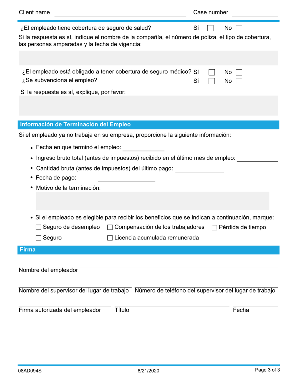 Formulario 08AD094S (ADM-94-SV) Verificacion De Empleo - Oklahoma (Spanish), Page 3