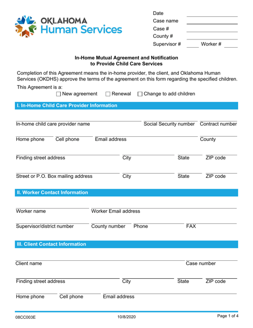 Document preview: Form 08CC003E In-home Mutual Agreement and Notification to Provide Child Care Services - Oklahoma