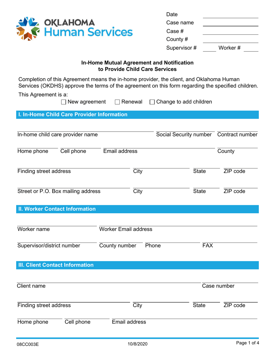Form 08CC003E In-home Mutual Agreement and Notification to Provide Child Care Services - Oklahoma, Page 1