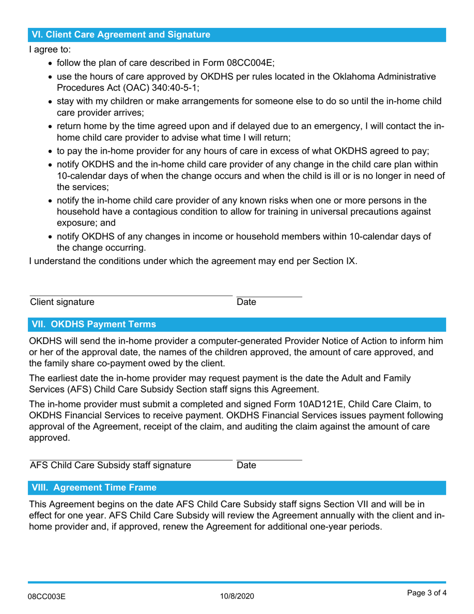 Form 08CC003E In-home Mutual Agreement and Notification to Provide Child Care Services - Oklahoma, Page 3
