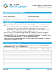 Document preview: Form 08CC008E (FSS-DC-I) In-home Child Care Provider Training Declaration of Completion - Oklahoma