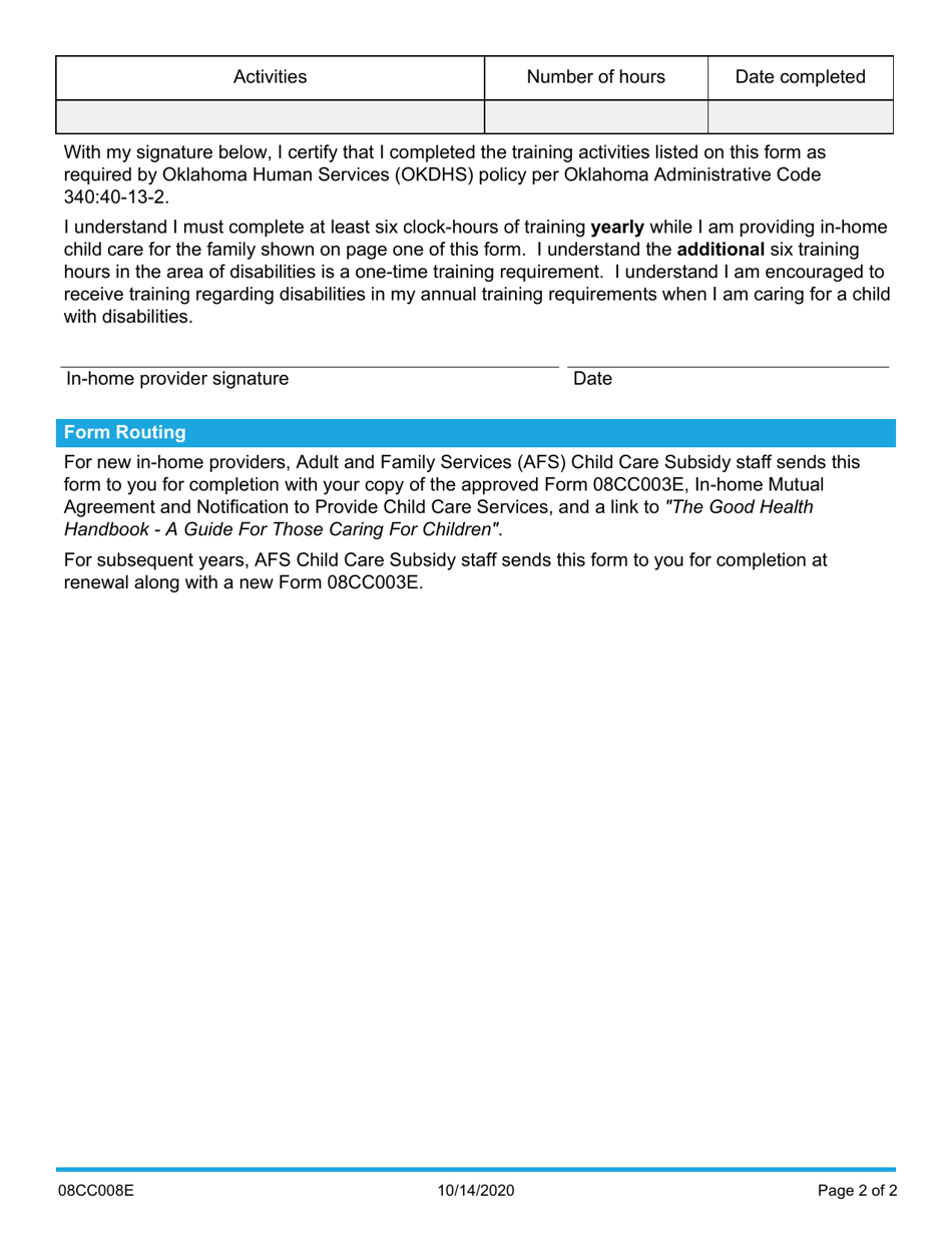 Form 08CC008E (FSS-DC-I) In-home Child Care Provider Training Declaration of Completion - Oklahoma, Page 2