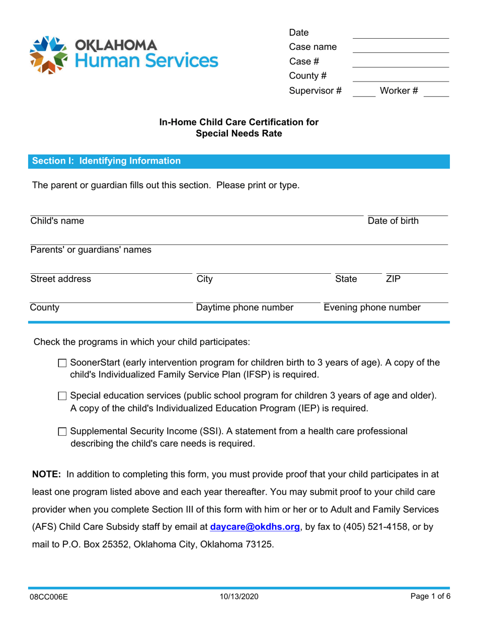 Form 08CC006E In-home Child Care Certification for Special Needs Rate - Oklahoma, Page 1
