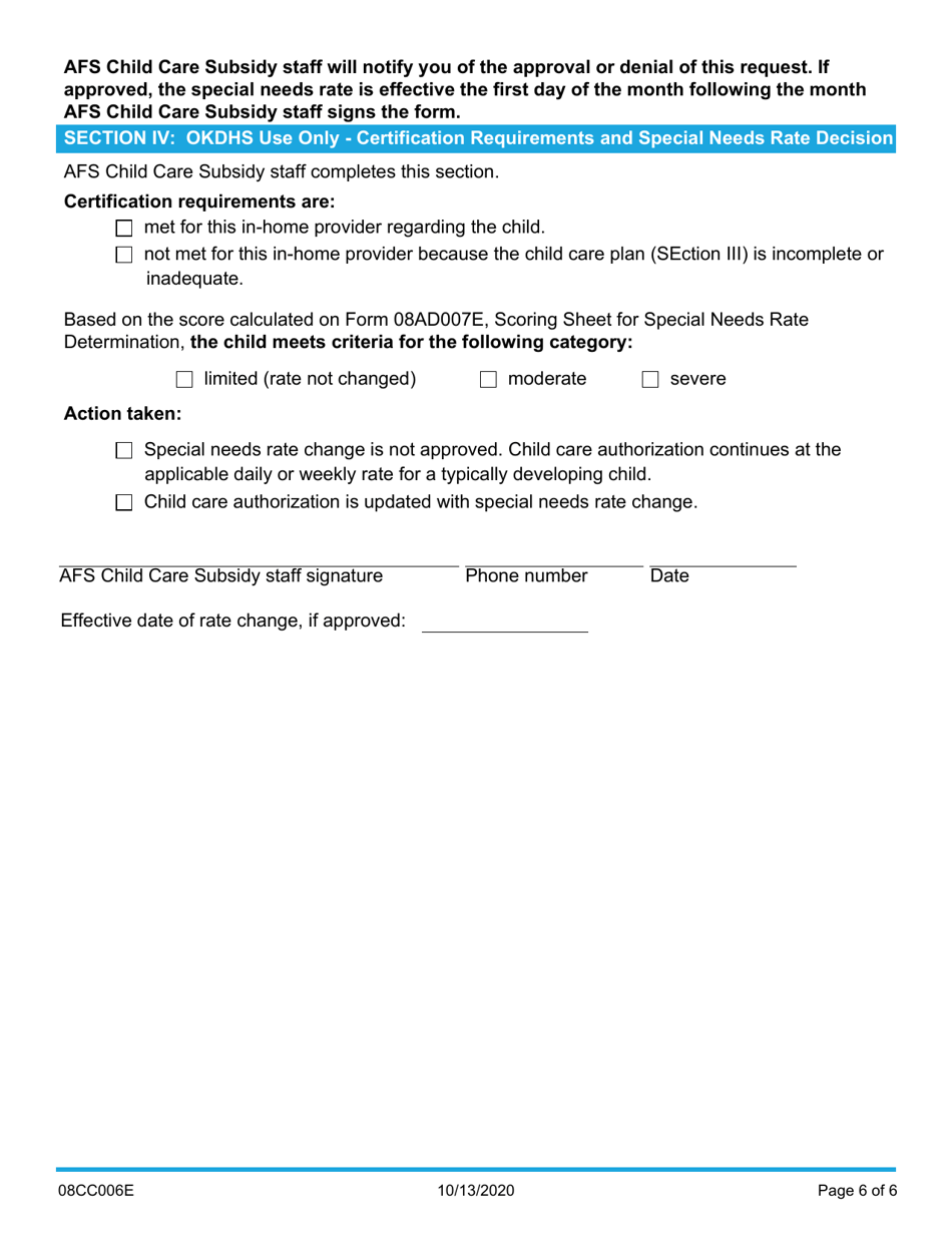 Form 08CC006E In-home Child Care Certification for Special Needs Rate - Oklahoma, Page 6