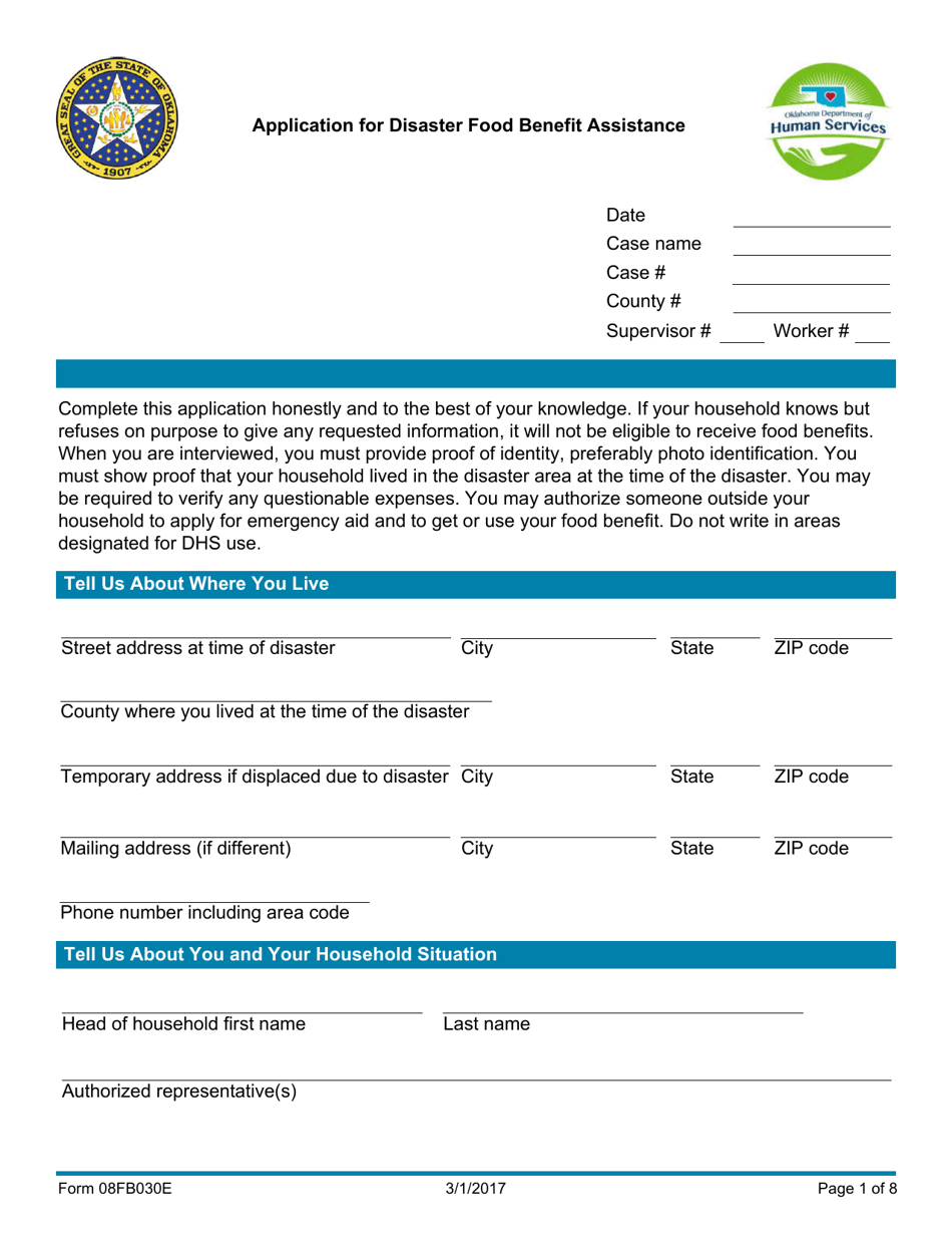 Form 08FB030E Application for Disaster Food Benefit Assistance - Oklahoma, Page 1
