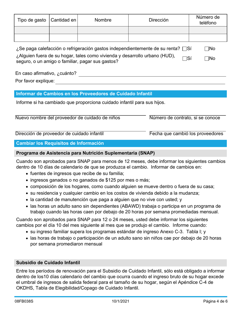 Formulario 08FB038S Cambios En El Hogar Circunstancias - Oklahoma (Spanish), Page 4