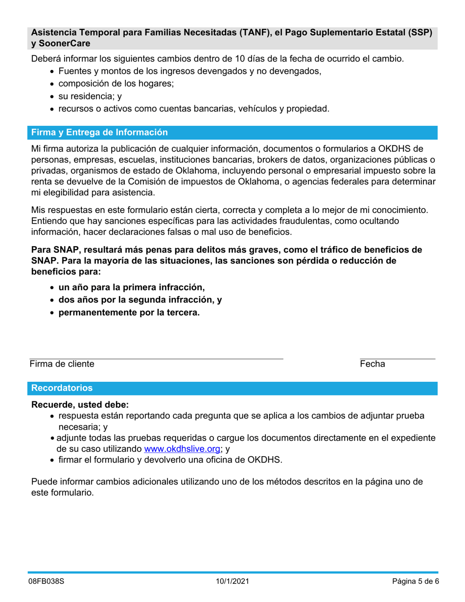 Formulario 08FB038S Cambios En El Hogar Circunstancias - Oklahoma (Spanish), Page 5