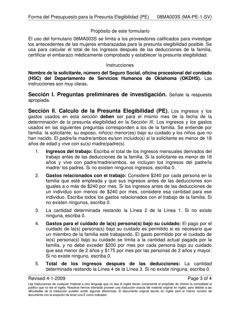 Formulario 08MA003S (MA-PE-1-SV) Forma Del Presupuesto Para La Presunta Elegibilidad - Oklahoma (Spanish), Page 3