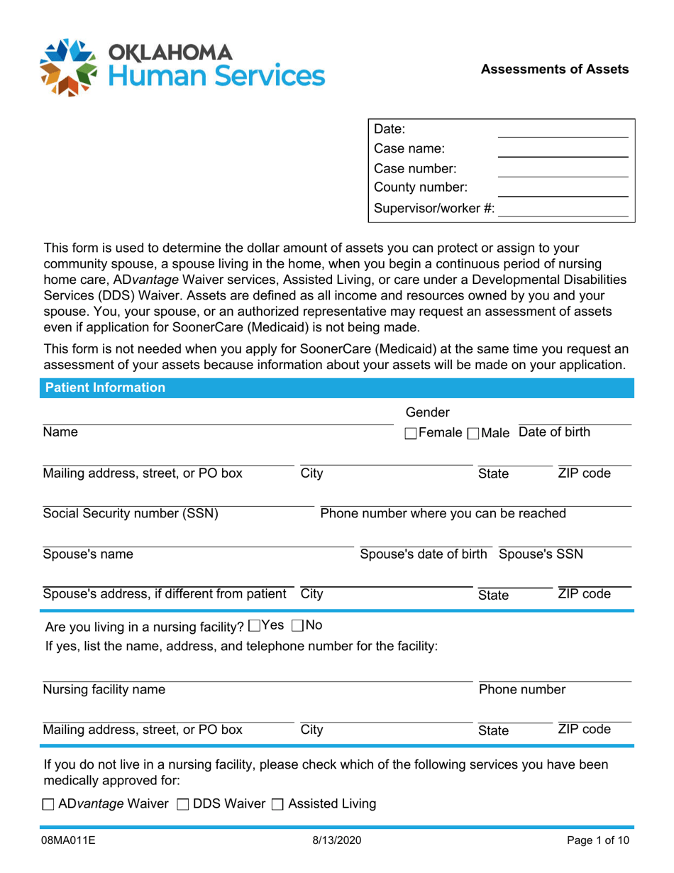 Form 08MA011E Assessment of Assets - Oklahoma, Page 1