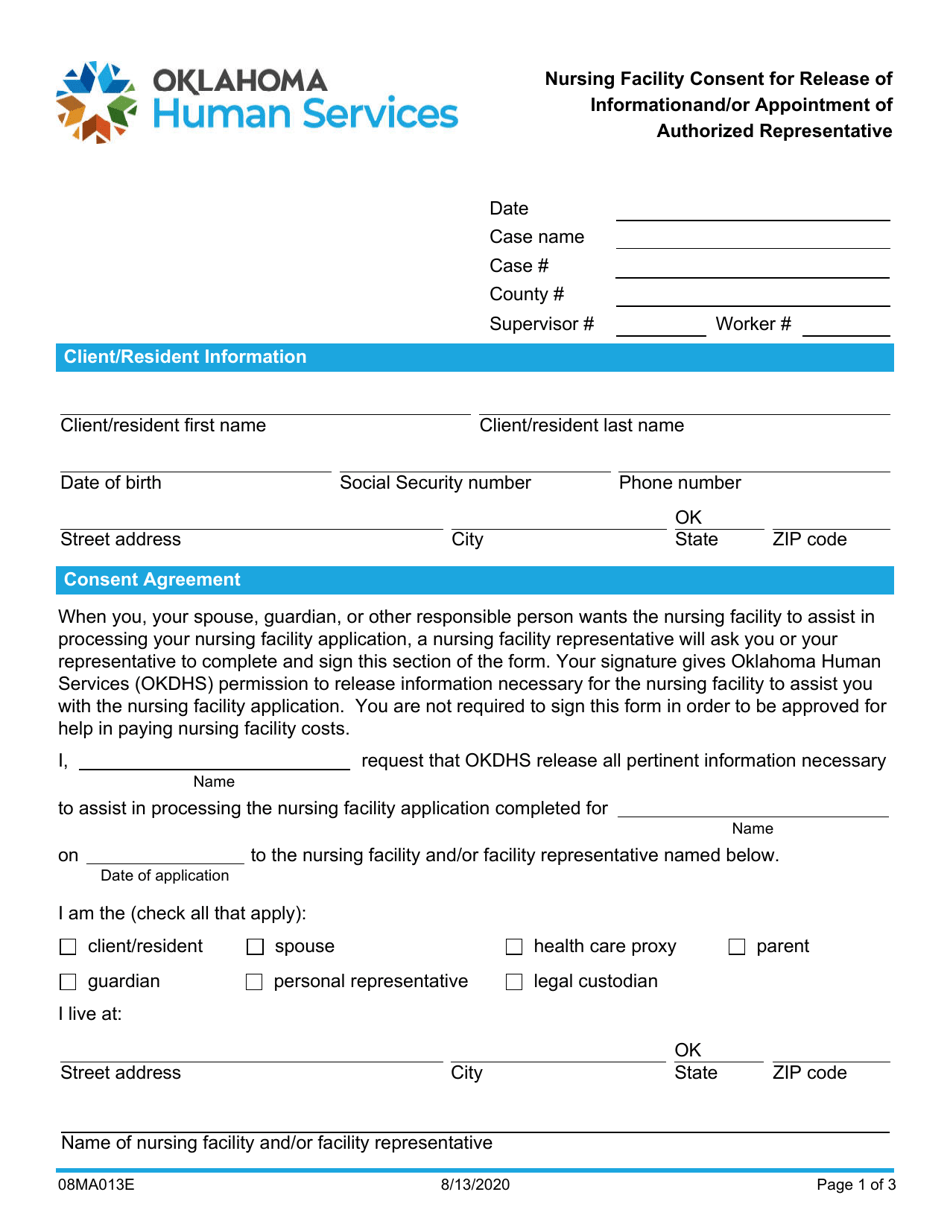 Form 08MA013E Nursing Facility Consent for Release of Informationand / Or Appointment of Authorized Representative - Oklahoma, Page 1