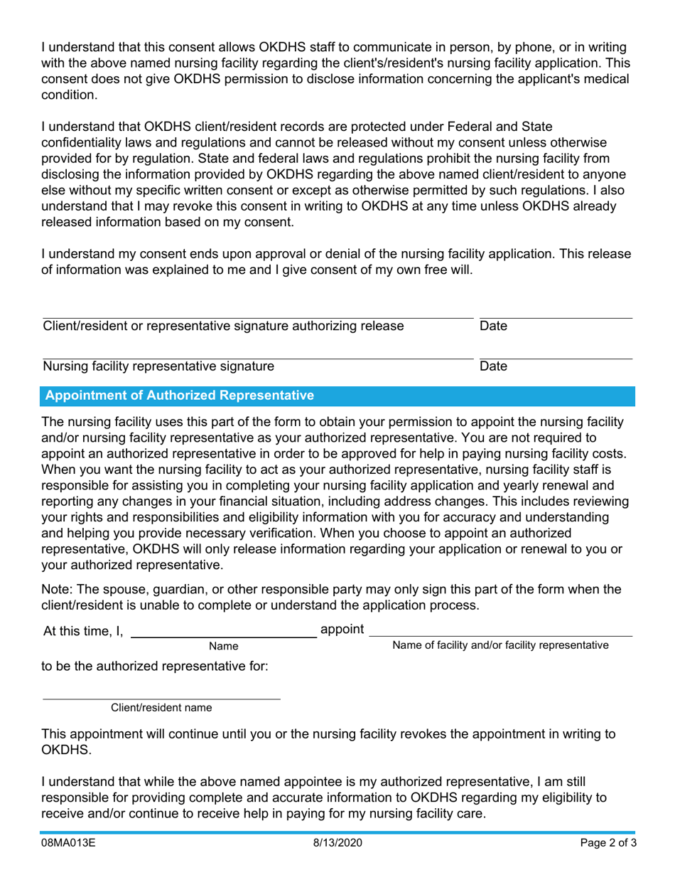 Form 08MA013E Nursing Facility Consent for Release of Informationand / Or Appointment of Authorized Representative - Oklahoma, Page 2