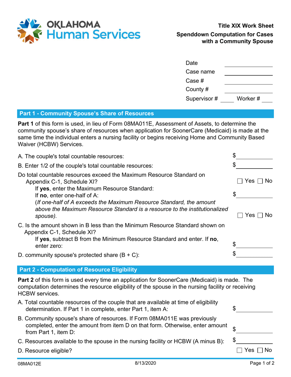 Form 08MA012E Title Xix Work Sheet - Oklahoma, Page 1