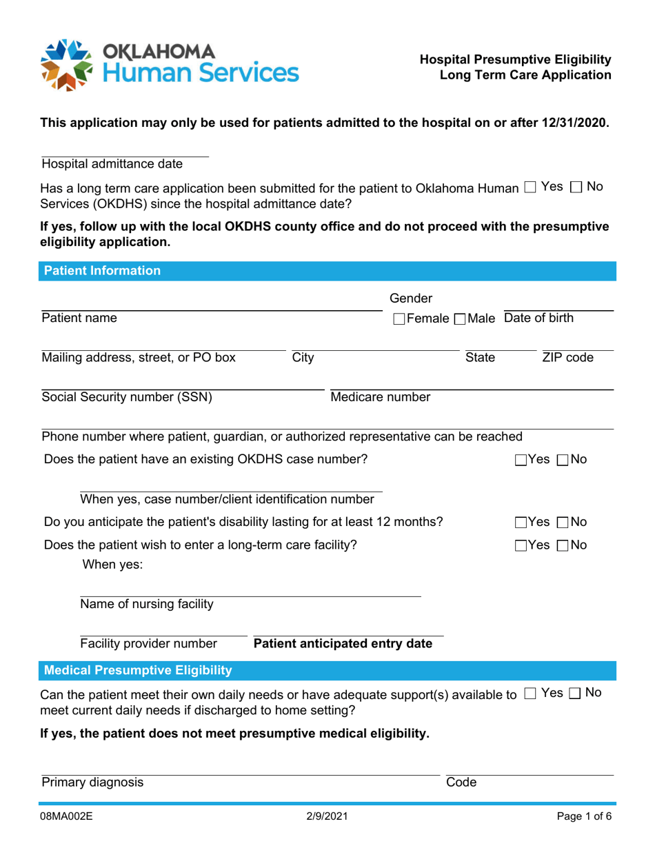 Form 08MA002E Hospital Presumptive Eligibility Long Term Care Application - Oklahoma, Page 1
