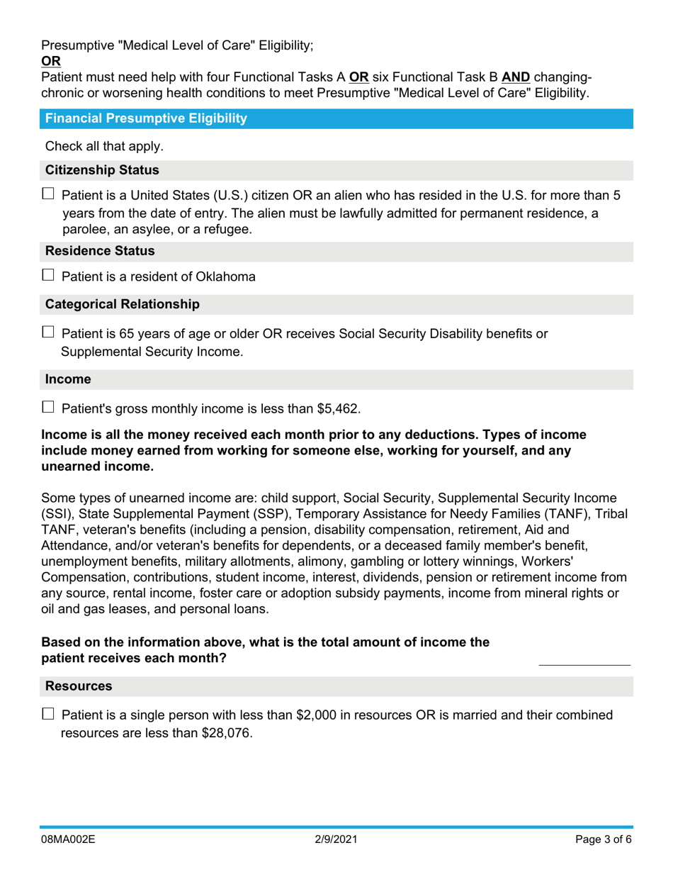 Form 08MA002E Hospital Presumptive Eligibility Long Term Care Application - Oklahoma, Page 3