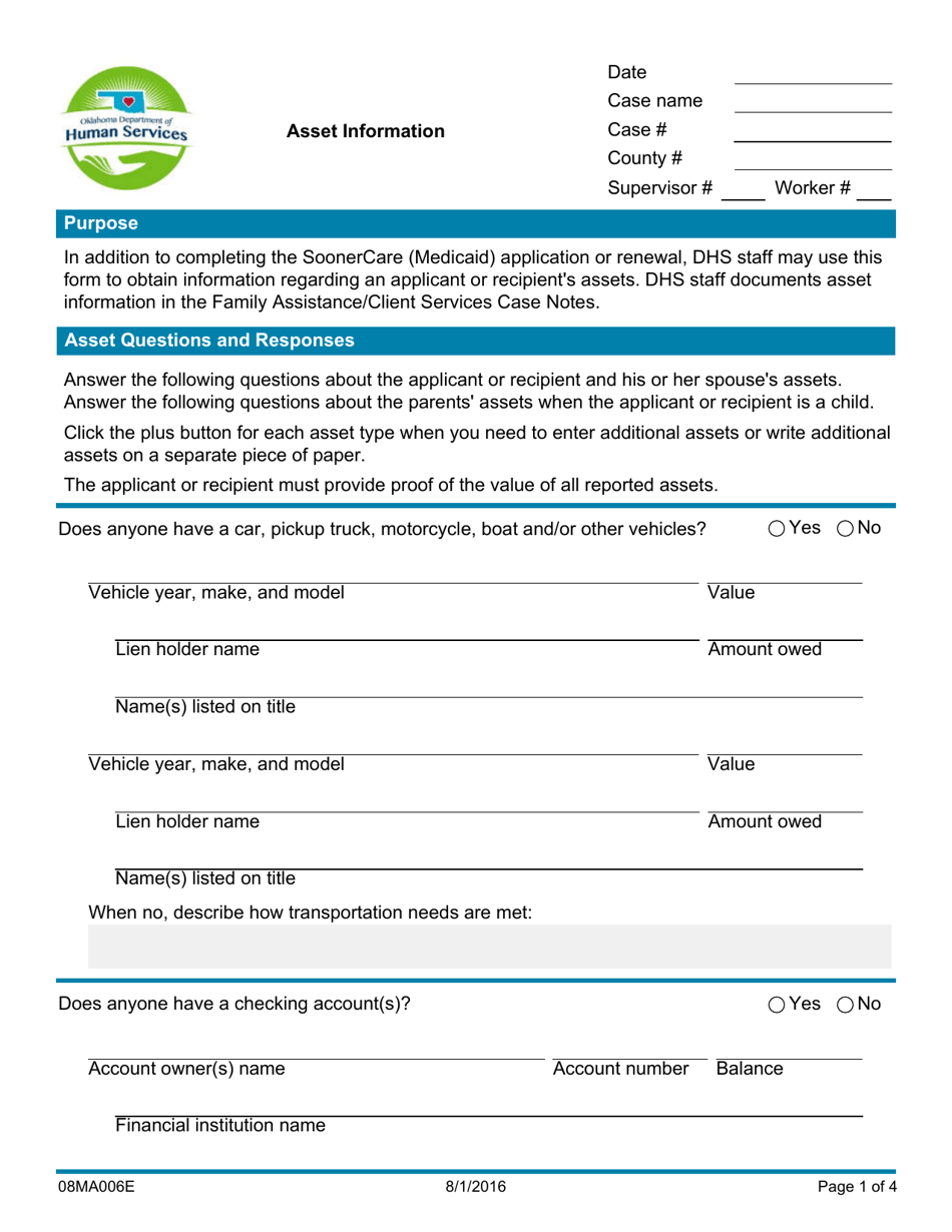 Form 08MA006E Asset Information - Oklahoma, Page 1