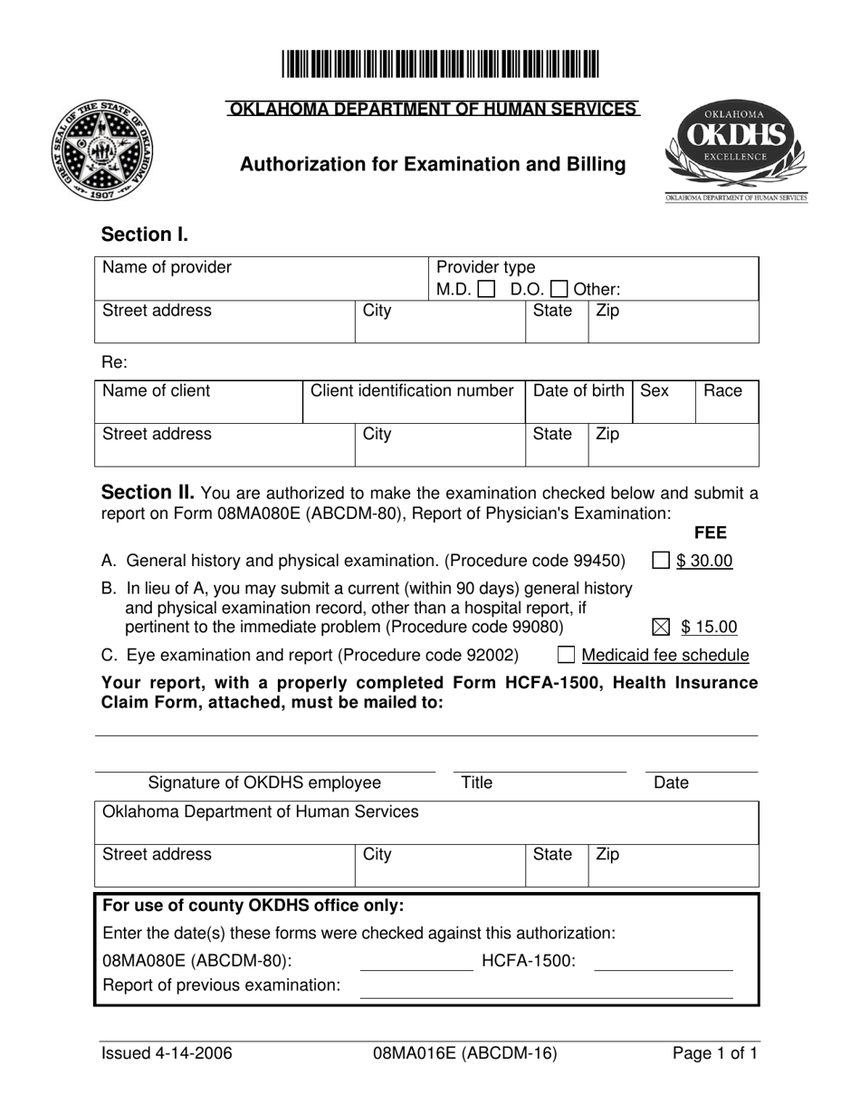 Form 08MA016E (ABCDM-16) Authorization for Examination and Billing - Oklahoma, Page 1