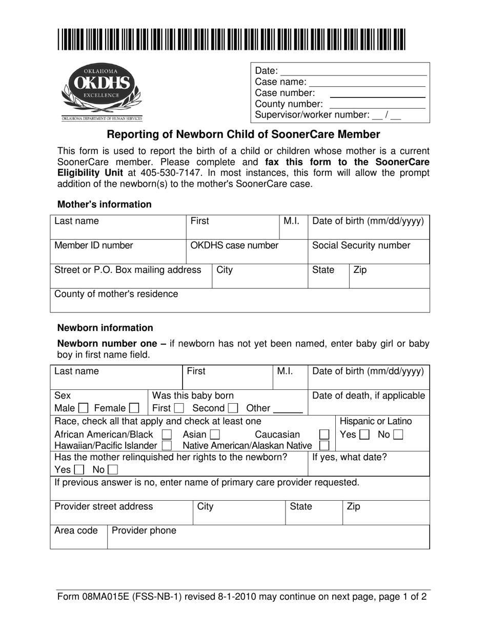Form 08MA015E (FSS-NB-1) Reporting of Newborn Child of Soonercare Member - Oklahoma, Page 1